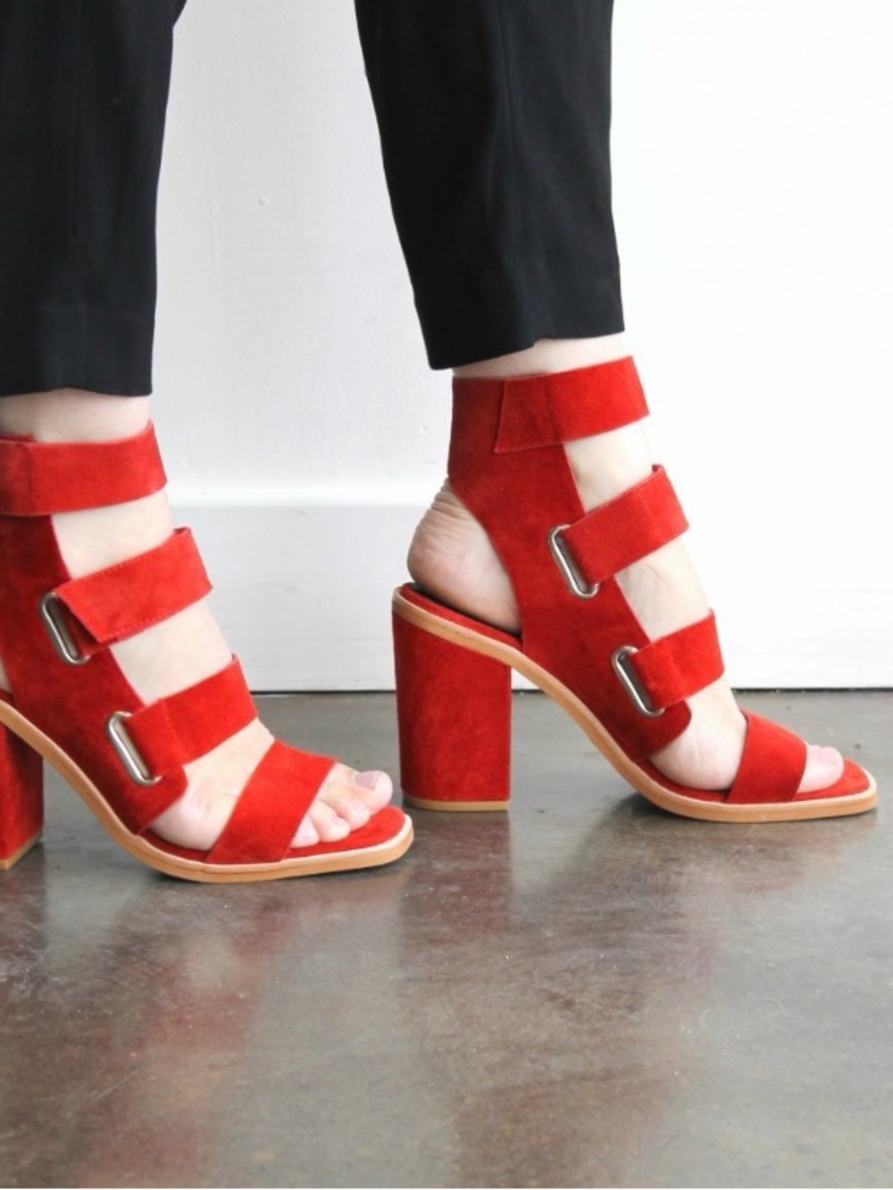 Sol Sana Red Suede Multi-Strap Block Heel Sandals